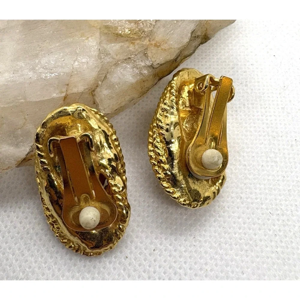 Vintage Gold Tone Clip-On Earrings Faux Pearl & Rhinestone Accents Textured Rope